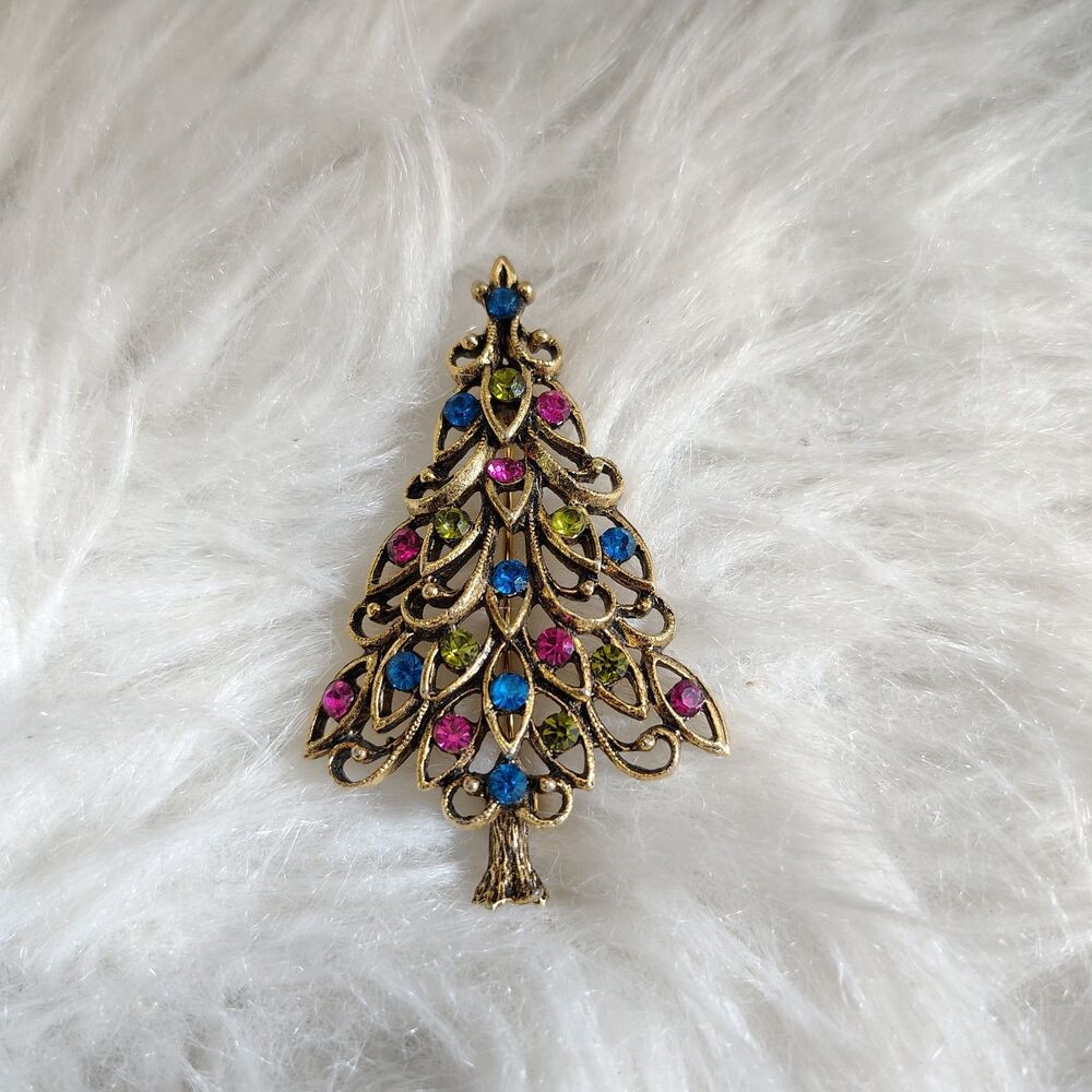 VTG Eisenberg Gold Tone Christmas Tree Brooch Pin Green Blue Fushia Stones/J125
